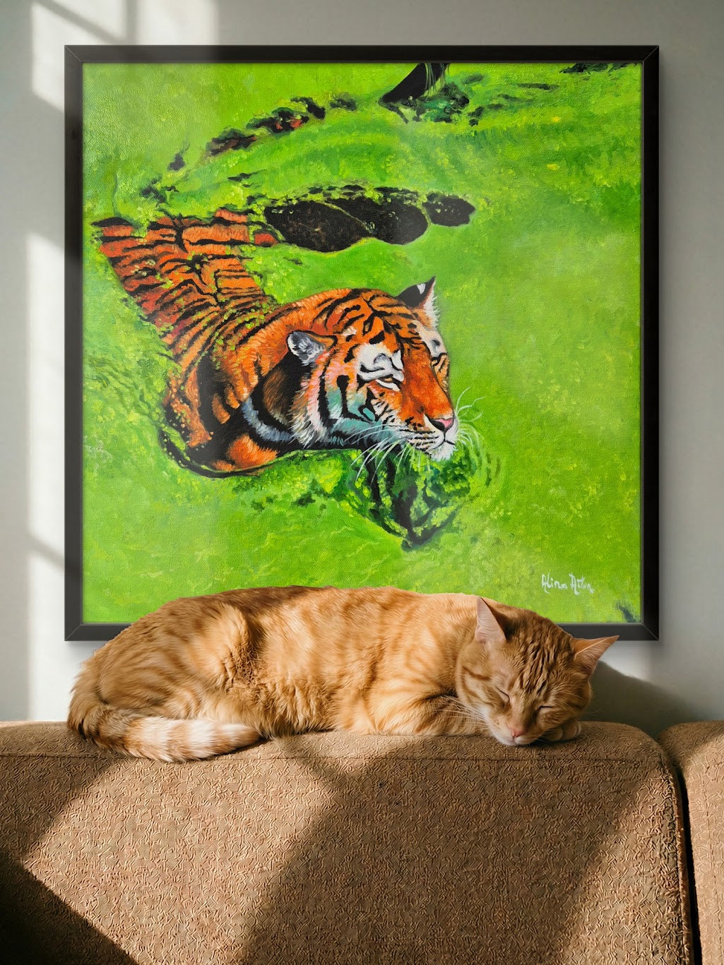 Silent Pursuit – original oil painting of a tiger swimming in green water