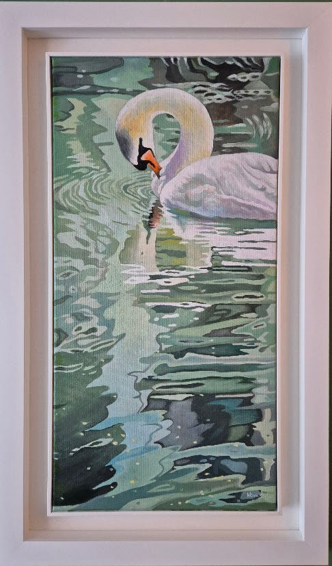 Original oil painting of a swan gliding through abstract green water, oil on canvas, 33 x 64 cm