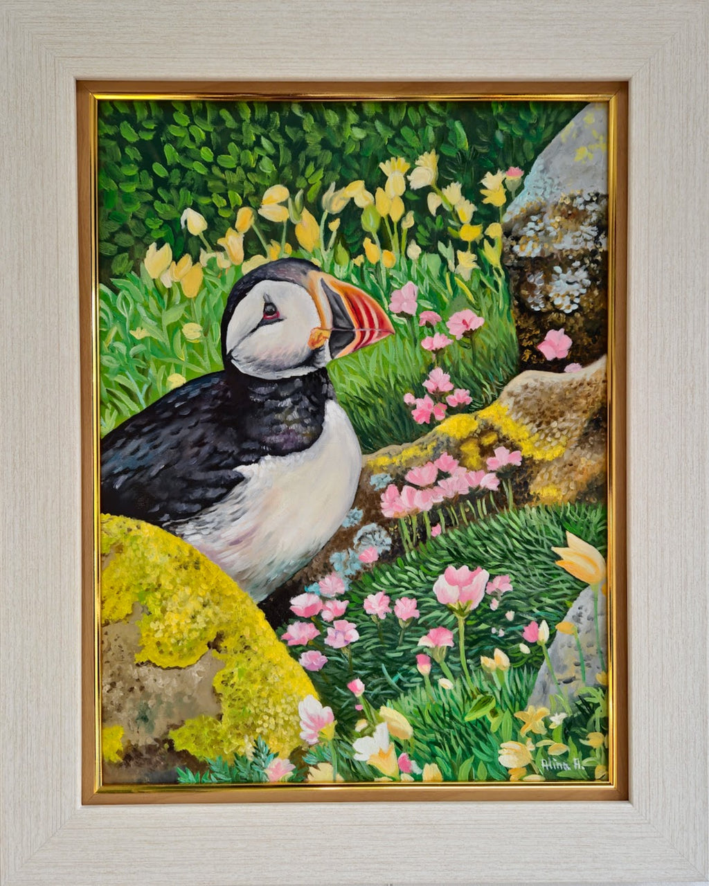 Original oil painting of a puffin surrounded by pink and yellow wildflowers at Saltee Island, Ireland