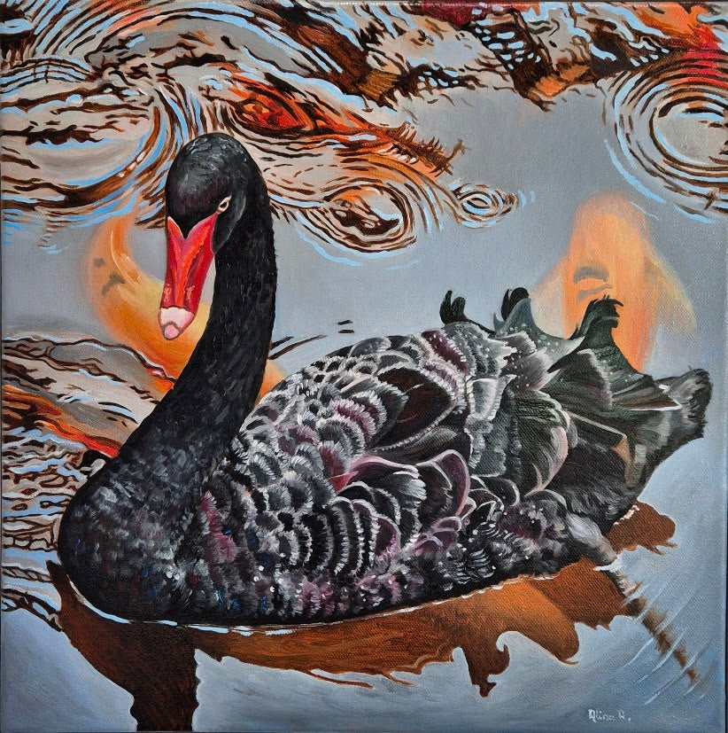 Original oil painting of a black swan on a lake with koi fish and swirling water reflections