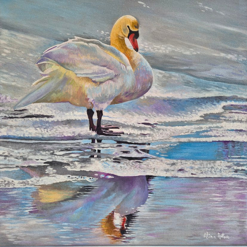 Original oil painting of a swan standing on a frozen lake with iridescent reflections