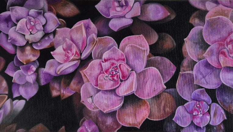 Original oil painting of Graptopetalum Purple Delight succulents in rich purple and pink tones, framed in white
