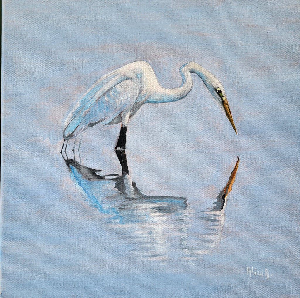 Great White Egret original oil painting, 30x30 cm, framed, by Alina Laura Anton