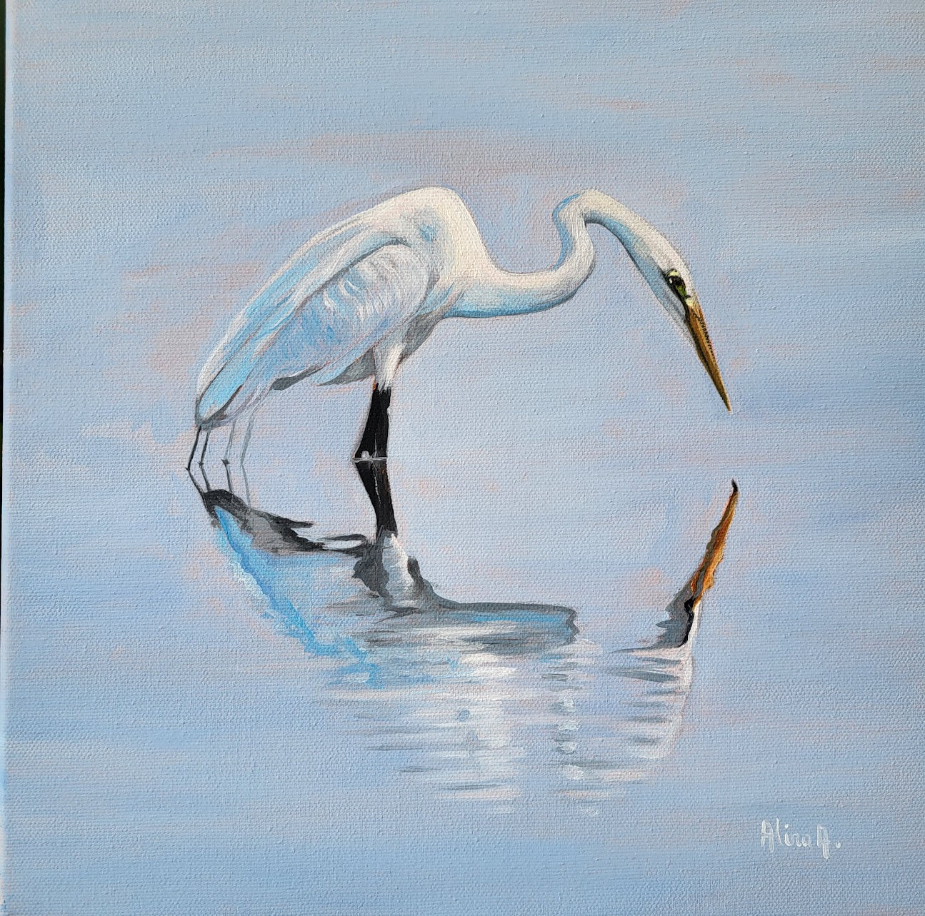 Great White Egret original oil painting, 30x30 cm, framed, by Alina Laura Anton
