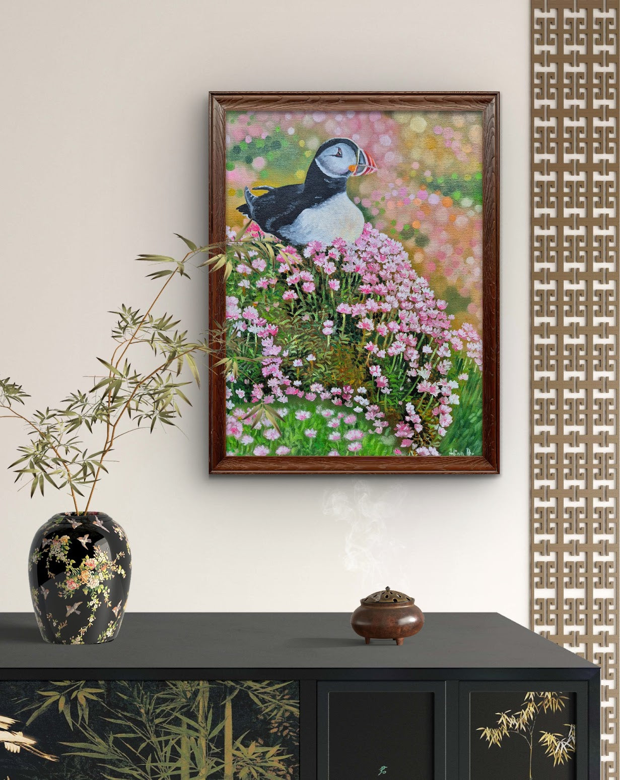 Puffin in Sea Pinks