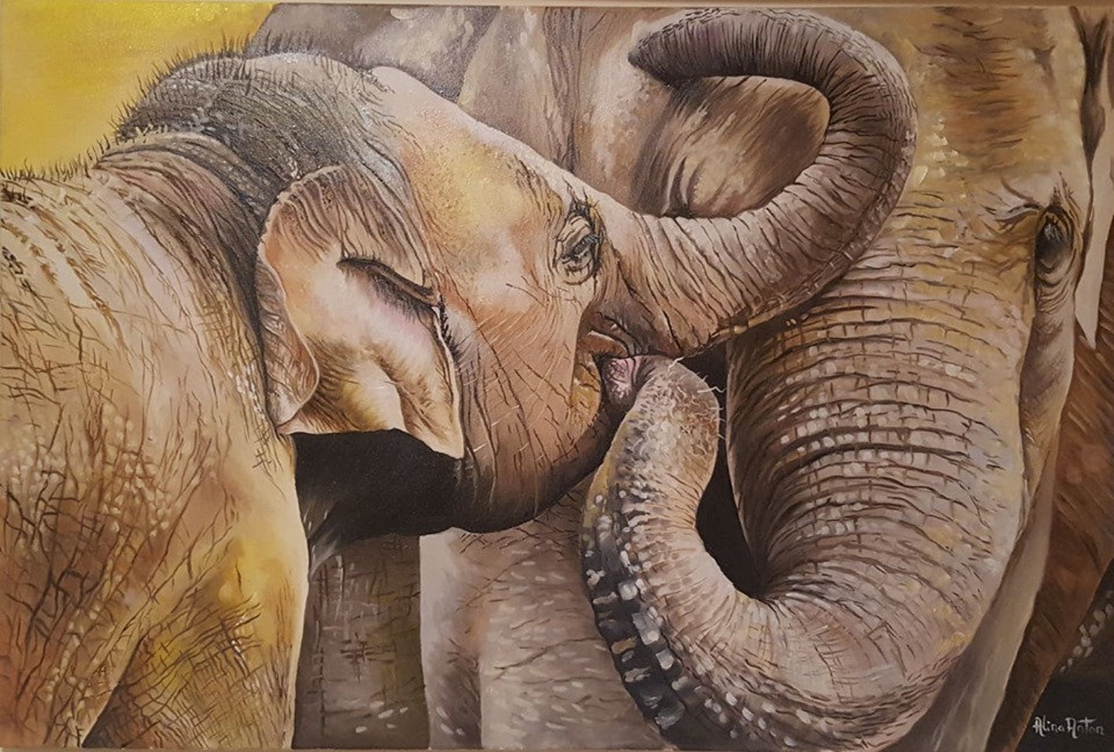 Original painting of two elephants playing, trunks entwined, warm golden background
